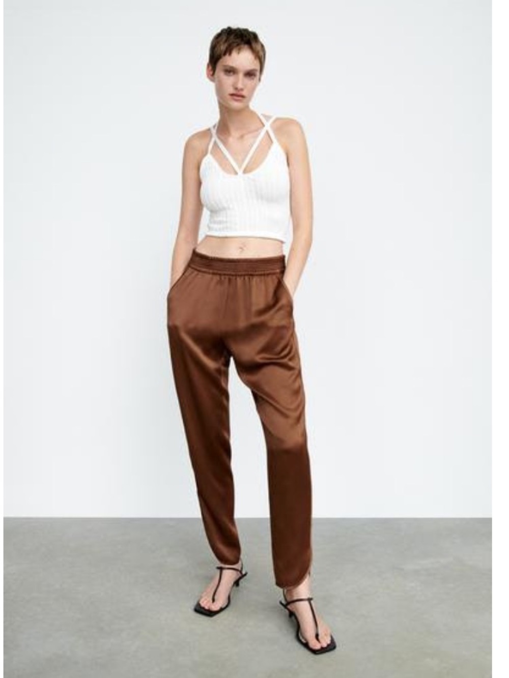 Zara Women's Satin-Look Brown Elastic Waist Joggers